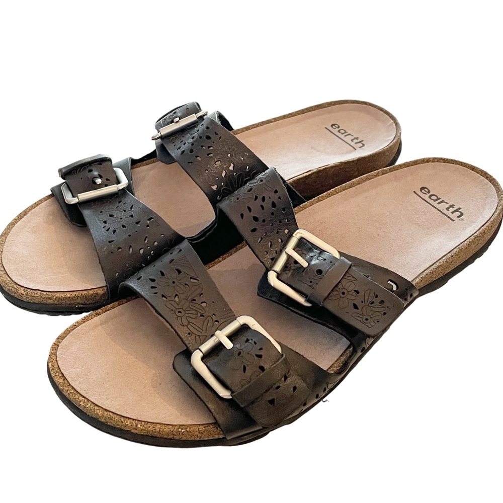 Earth Size 10 Black Sand Antigua Perforated Buckle Slide Sandal Shoes
